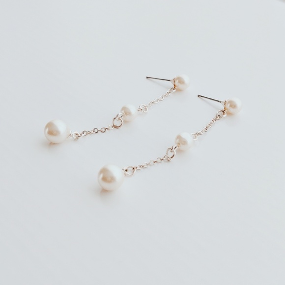 Double Faux Pearl Extra-Long Drop Earrings – Delicate Silver Chain - Picture 1 of 3